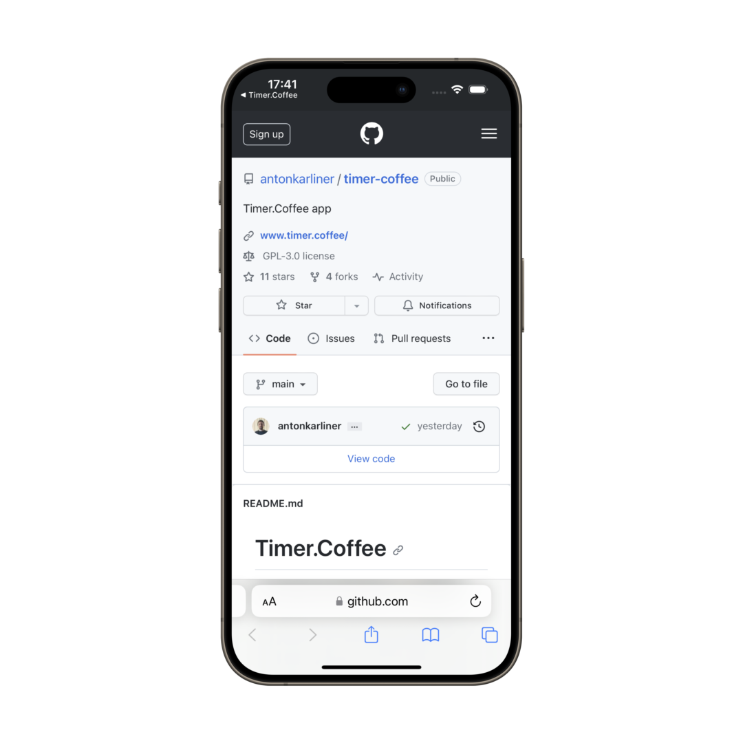 Captura de pantalla de la página de Github de la aplicación Timer.Coffee
